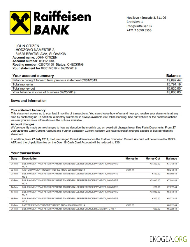 Relevé de la Banque Raiffeisen Slovaquie